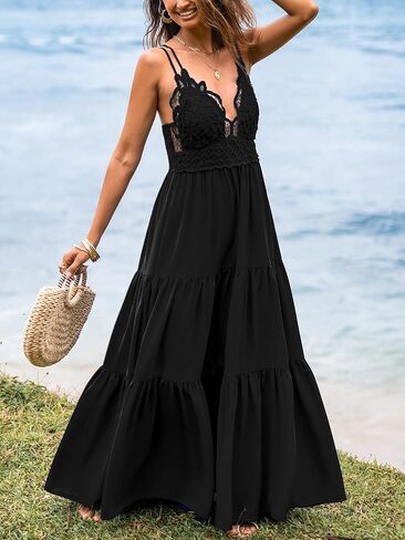 CUPSHE Women Summer Beach Maxi Dress Lace Cutout Plunge V Backless Cami Strape Tiered Ruffle Long Formal Wedding Dress in Kuwait