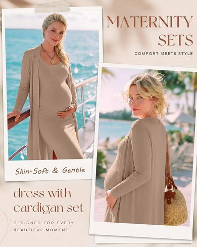 Huukeay 2 Piece Women Maternity Dress Cardigan Set Maxi Tank Sleeveless Long Dress Bodycon Formal for Baby Shower Photoshoot in Kuwait