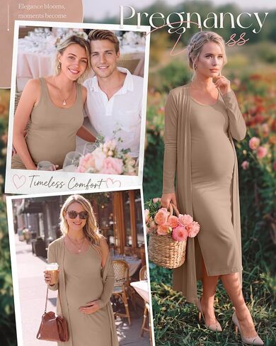 Huukeay 2 Piece Women Maternity Dress Cardigan Set Maxi Tank Sleeveless Long Dress Bodycon Formal for Baby Shower Photoshoot in Kuwait