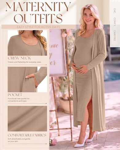 Huukeay 2 Piece Women Maternity Dress Cardigan Set Maxi Tank Sleeveless Long Dress Bodycon Formal for Baby Shower Photoshoot in Kuwait