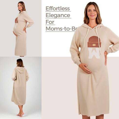 Maternity Hoodie Dress with Pockets – Casual Loose Fit Mid-Length Sweatshirt Dress for Pregnancy Spring Fall in Kuwait