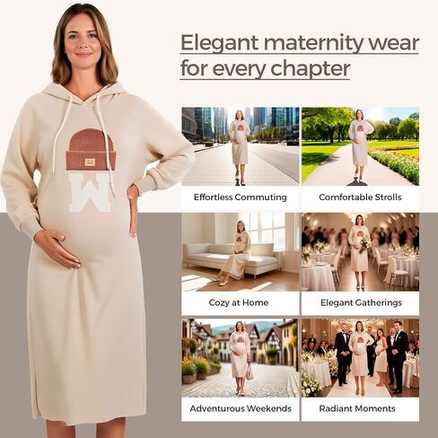 Maternity Hoodie Dress with Pockets – Casual Loose Fit Mid-Length Sweatshirt Dress for Pregnancy Spring Fall in Kuwait