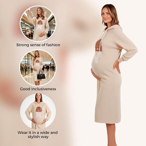Maternity Hoodie Dress with Pockets – Casual Loose Fit Mid-Length Sweatshirt Dress for Pregnancy Spring Fall in Kuwait