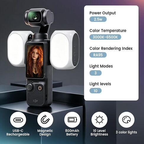 Magnetic Fill Light for DJI Osmo Pocket 3 & Xtra Muse, 800mAh | High CRI95, 3000K-6500K Adjustable Color Temperature, 10 Brightness Levels & 3 Lighting Modes, LED Light for Phone Camera in Kuwait