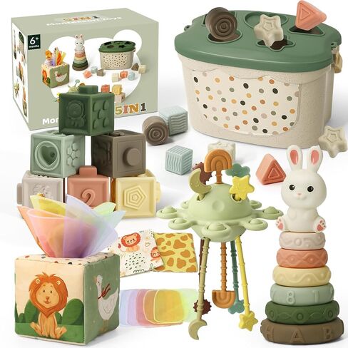Baby Toys for 6 to 12 Months, Montessori Toys for 6-8-9-12 Month Old | Shape Sorter, Baby Blocks, Learning Developmental Sensory Toys, Baby Tissue Box, Gifts for 6-36 Months Girls Boys Infant Toys in Kuwait