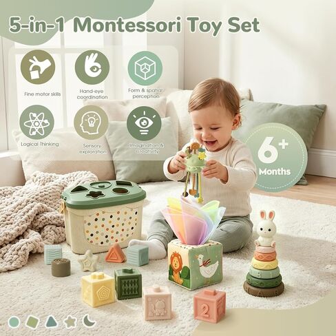 Baby Toys for 6 to 12 Months, Montessori Toys for 6-8-9-12 Month Old | Shape Sorter, Baby Blocks, Learning Developmental Sensory Toys, Baby Tissue Box, Gifts for 6-36 Months Girls Boys Infant Toys in Kuwait