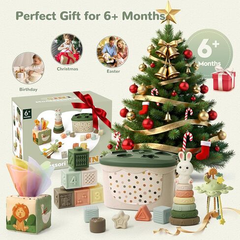 Baby Toys for 6 to 12 Months, Montessori Toys for 6-8-9-12 Month Old | Shape Sorter, Baby Blocks, Learning Developmental Sensory Toys, Baby Tissue Box, Gifts for 6-36 Months Girls Boys Infant Toys in Kuwait