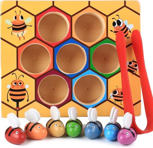Toddler Fine Motor Skill Toy, Bee to Hive Matching Game, Montessori Wooden Color Sorting Matching Toy, Preschool Educational Learning Toys Gift for Toddler 3 Years Old in Kuwait