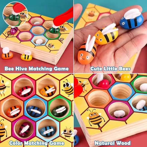 Toddler Fine Motor Skill Toy, Bee to Hive Matching Game, Montessori Wooden Color Sorting Matching Toy, Preschool Educational Learning Toys Gift for Toddler 3 Years Old in Kuwait