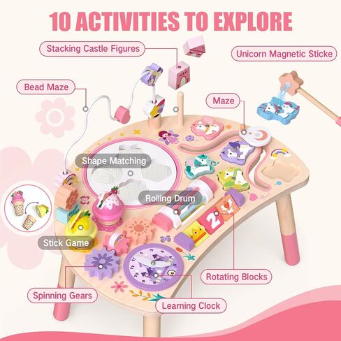 Wooden Activity Table, Montessori Busy Board for Toddlers 1-3 | Unicorn 10-in-1 Sensory Learning Toy with Bead Maze, Shape Matching, Gears, Clock — Birthday Gift for 1 2 3 Year Old Kids in Kuwait