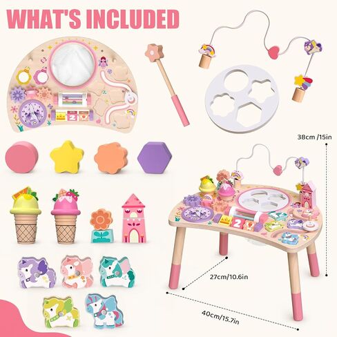 Wooden Activity Table, Montessori Busy Board for Toddlers 1-3 | Unicorn 10-in-1 Sensory Learning Toy with Bead Maze, Shape Matching, Gears, Clock — Birthday Gift for 1 2 3 Year Old Kids in Kuwait
