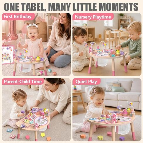 Wooden Activity Table, Montessori Busy Board for Toddlers 1-3 | Unicorn 10-in-1 Sensory Learning Toy with Bead Maze, Shape Matching, Gears, Clock — Birthday Gift for 1 2 3 Year Old Kids in Kuwait