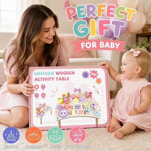 Wooden Activity Table, Montessori Busy Board for Toddlers 1-3 | Unicorn 10-in-1 Sensory Learning Toy with Bead Maze, Shape Matching, Gears, Clock — Birthday Gift for 1 2 3 Year Old Kids in Kuwait