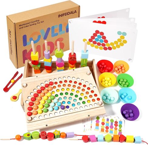 INIFEIDALA Montessori Wooden Educational Toys for 3-6 Year Olds | Counting & Color Sorting Toys with Tweezer Tongs,Preschool Learning Activities,STEM Math Manipulatives,Fine Motor Skills Toys in Kuwait