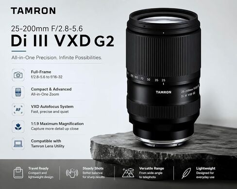 Tamron 25-200mm f/2.8-5.6 Di III VXD G2 Zoom Lens for Sony E with UV/CPL/ND Filter Kit, Cleaning Kit, Lens Pen, Soft Case, Cap Tether & Tamron 6-Year Warranty in Kuwait