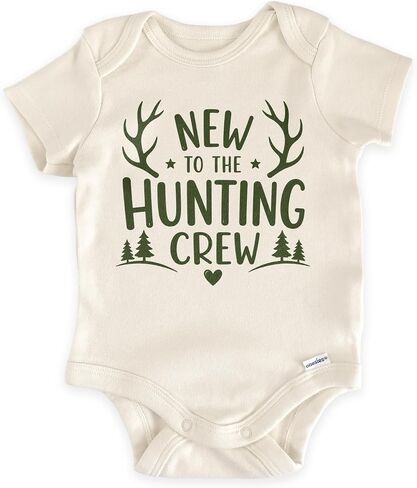 New To The Hunting Crew Hunter Baby Reveal Bodysuit (0-3 Months, Natural) | Deer Hunting Announcement, Future Hunter Outfit, Antler Graphic, Dad Reveal, Grandpa Surprise, Outdoor Newborn Photo Prop in Kuwait