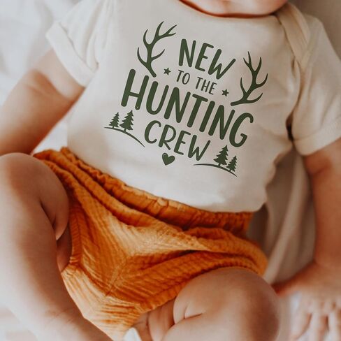 New To The Hunting Crew Hunter Baby Reveal Bodysuit (0-3 Months, Natural) | Deer Hunting Announcement, Future Hunter Outfit, Antler Graphic, Dad Reveal, Grandpa Surprise, Outdoor Newborn Photo Prop in Kuwait