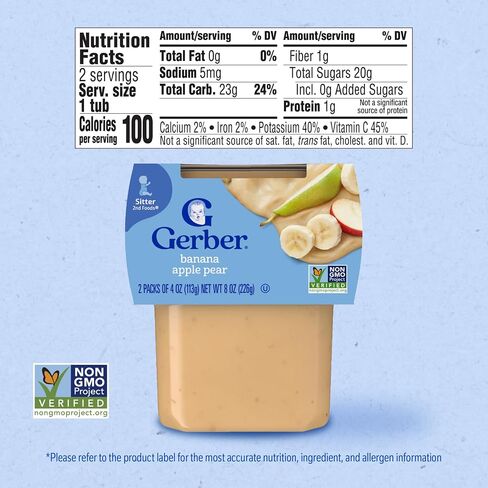 Gerber Stage 2 Banana Apple Pear Baby Food, 4 Oz, 16 Pack | Stage 2 baby food; banana apple pear puree tubs; no artificial colors or flavors; 16 x 4 oz in Kuwait