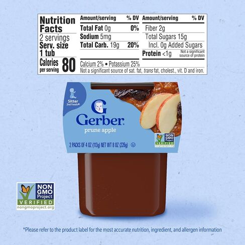 Gerber Stage 2 Prune Apple Puree Baby Food, 4 Oz, 16 Pack | Stage 2 baby food; prune apple puree tubs; 16 x 4 oz in Kuwait
