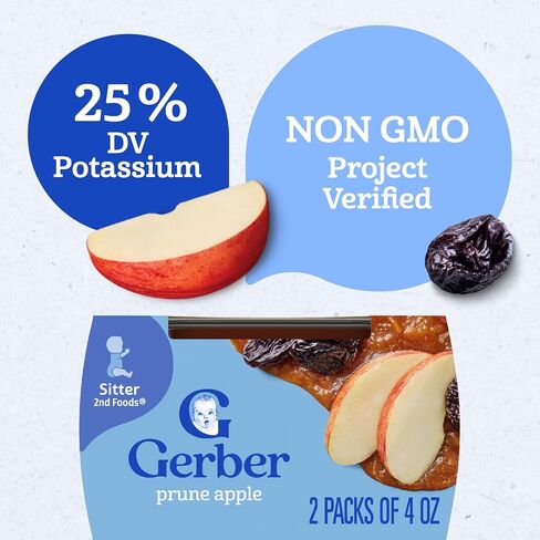 Gerber Stage 2 Prune Apple Puree Baby Food, 4 Oz, 16 Pack | Stage 2 baby food; prune apple puree tubs; 16 x 4 oz in Kuwait