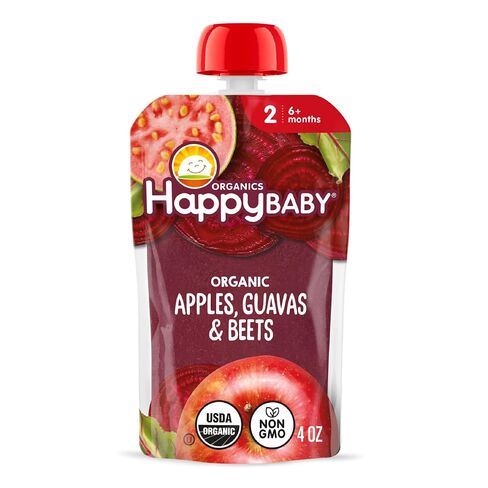 Happy Baby, Clearly Crafted Stage 2 Organic Baby Food, Apple Guava and Beet, 4 oz, Clear Pouches Let You See Every Delicious Bite, Stage 2 Baby Food Pouches Are Great for 6 Months and Up in Kuwait