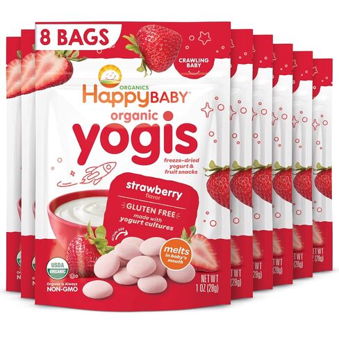 Happy Baby Organics Yogis Freeze-Dried Yogurt & Fruit Snack, Strawberry, 1 Ounce (Pack of 8) packaging may vary in Kuwait
