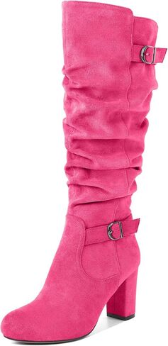 Zamikoo Slouchy High Heel Boots for Women Knee High Chunky Heel Boots Round Toe Slouch Metal Buckle Side Zipper Tall Boots 3.5 Inches in Kuwait