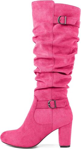 Zamikoo Slouchy High Heel Boots for Women Knee High Chunky Heel Boots Round Toe Slouch Metal Buckle Side Zipper Tall Boots 3.5 Inches in Kuwait