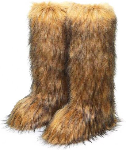 Faux Fur Knee High Furry Snow Boots for Women | 19inchs Medium Faux Fur Flat Long Knee High Boots for Women in Kuwait