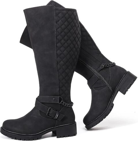 Women's Extra Wide Calf Knee High Boots | Wide Width, Round Toe, Blocked Heel. Winter Boots, Adjustable Buckle. in Saudi Arabia