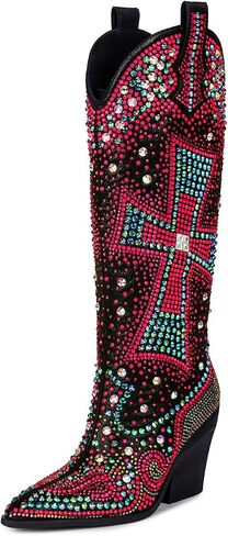 Women's Rhinestone Cowboy Boots Knee High Western Cowgirl | Crystal Cross Embellished, Pointed Toe, Chunky Heel, Sparkly, For Concert Party Festival in Saudi Arabia