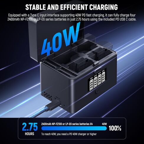NEEWER 2 in 1 Four Channel USB Battery Charger for NP-FZ100 & LP-E6, 40W Fast Charging, Plastic Backup Power Supply Compatible with Sony A6700 A7III FX3 FX30 A7IV Canon EOS R5 II, NW-ZP4 in Saudi Arabia