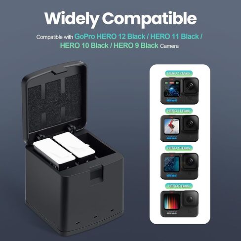 2 Packs 1800mAh Battery & Charger for GoPro 12 (2 Batteries & 1 Charger) | Come with 2 Batteries and 3 Channel Battery Charging Station, Compatible with GoPro Hero 12, 11, 10, 9 Black Camera in Kuwait