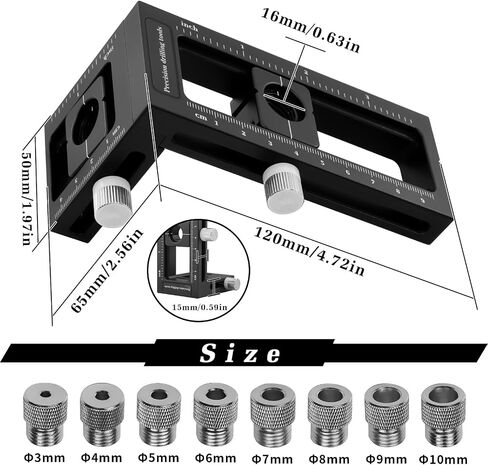 Upgraded 2-in-1 Drill Guide Positioning Clamp, Self Centering Drill Clamp, Graduated Metal Woodworking Tool with 8 Drill Bushings 3-10mm, Vertical Multi Angle Drill Jig for Straight Holes in Kuwait