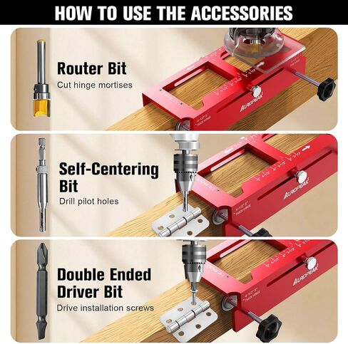 AUROPEAK Door Hinge Jig and Lock Kit, Aluminum Alloy, Fits 2.5-5 in Hinges | Square, 1/4 in and 5/8 in radius hinges, lock drilling on interior and exterior doors for woodworkers and contractors in Kuwait