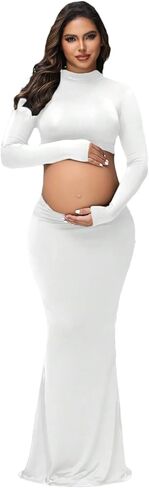 Women's Maternity 2 Piece Outfits Dress Solid Mock Neck Long Sleeves Top Mermaid Skirt for Photoshoot Baby Shower in Kuwait