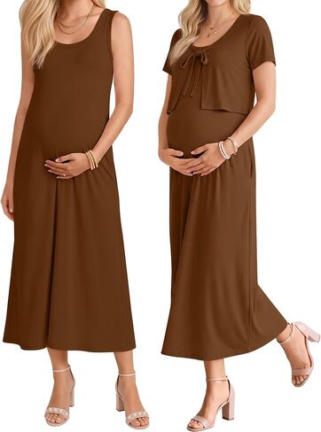 2 Piece Maternity Outfit Summer Maxi Dress and Cardigan Set with Pocket Casual Pregnancy Clothes for Baby Shower in Kuwait