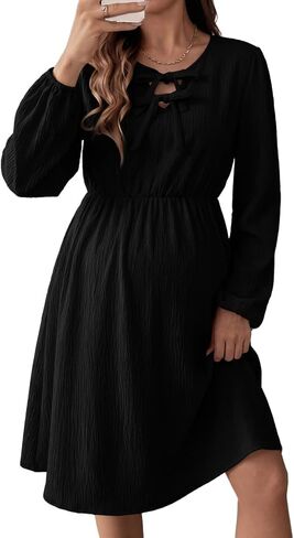 BLENCOT Women's Midi Dress Tie Neck Elastic High Waist Breathable with Pockets Maternity Friendly for Daily Work Wear in Kuwait