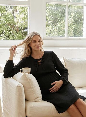 BLENCOT Women's Midi Dress Tie Neck Elastic High Waist Breathable with Pockets Maternity Friendly for Daily Work Wear in Kuwait