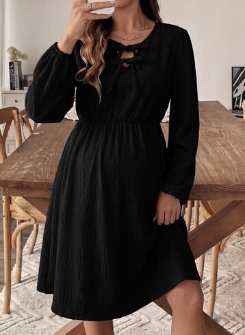 BLENCOT Women's Midi Dress Tie Neck Elastic High Waist Breathable with Pockets Maternity Friendly for Daily Work Wear in Kuwait
