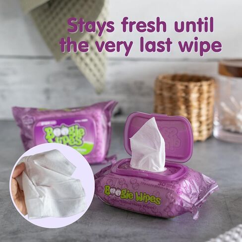 Boogie Wipes - Gentle Saline Nose Wipes Grape Scent - 180 Count | Hypoallergenic & Alcohol-Free, Allergy Relief, Made with Natural Saline, Aloe, Chamomile & Vitamin E, Diaper Bag Essential in Kuwait