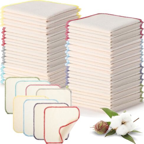 Mixweer 96 Pcs Flannel Cloth Baby Wipes Reusable Baby Diapers Wipes Washable Natural Unbleached Face Wipes Soft and Sturdy Cloth Wipes 8 Colors Outer Stitching 8 x 8 Inches in Kuwait