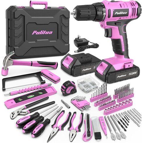 PULITUO Power Drill Tool Kit with 20V Cordless Drill/Driver, Electric Screwdriver, 2 Batteries & Charger, LED Light, 199-Piece Pink Home DIY Tool Set with Toolbox, Drill Set for Women & Men (Pink) in Kuwait