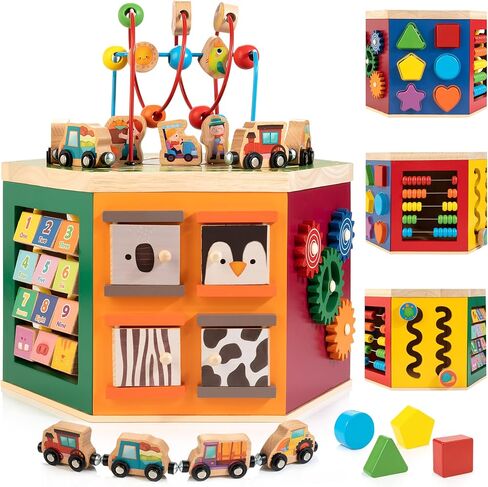 Large Activity Cube, 9-in-1 Farm-Themed Wooden Play Center, Multipurpose Montessori Toy for 1-2 Year Old Baby Toddler Kid, First Birthday Gift | Bonus Magnetic Train Cars in Kuwait