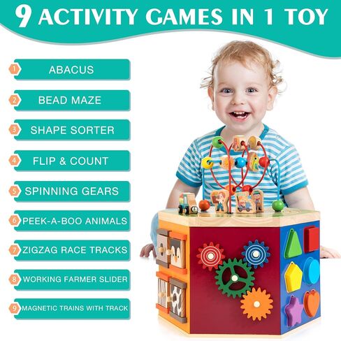 Large Activity Cube, 9-in-1 Farm-Themed Wooden Play Center, Multipurpose Montessori Toy for 1-2 Year Old Baby Toddler Kid, First Birthday Gift | Bonus Magnetic Train Cars in Kuwait