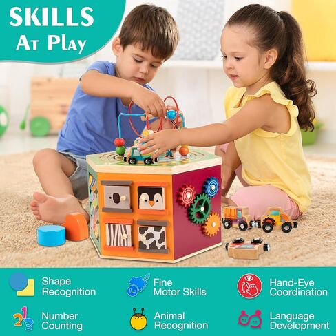 Large Activity Cube, 9-in-1 Farm-Themed Wooden Play Center, Multipurpose Montessori Toy for 1-2 Year Old Baby Toddler Kid, First Birthday Gift | Bonus Magnetic Train Cars in Kuwait