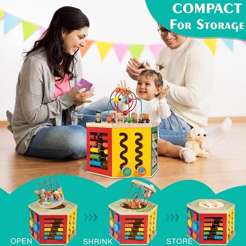 Large Activity Cube, 9-in-1 Farm-Themed Wooden Play Center, Multipurpose Montessori Toy for 1-2 Year Old Baby Toddler Kid, First Birthday Gift | Bonus Magnetic Train Cars in Kuwait
