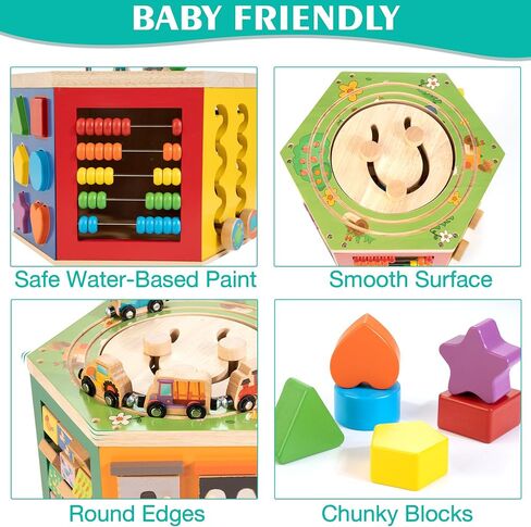Large Activity Cube, 9-in-1 Farm-Themed Wooden Play Center, Multipurpose Montessori Toy for 1-2 Year Old Baby Toddler Kid, First Birthday Gift | Bonus Magnetic Train Cars in Kuwait