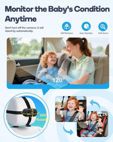 Wireless Baby Car Camera Monitor – 4.3" Display + 360° Rotating Cam for Rear-Facing Seats, No Wi-Fi Needed,1080P HD with Auto IR Night Vision, USB & Battery Powered,Easy-Install in Kuwait
