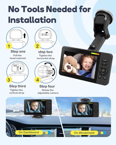 Wireless Baby Car Camera Monitor – 4.3" Display + 360° Rotating Cam for Rear-Facing Seats, No Wi-Fi Needed,1080P HD with Auto IR Night Vision, USB & Battery Powered,Easy-Install in Kuwait